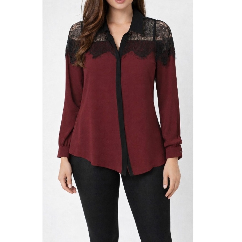 🎄 Tobi S Burgundy Black Lace Sheer Button Blouse Romantic Glam Top Small